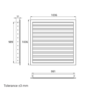 Skizze Lüftungsgitter 1000 x 1000 mm weiss Strangprofil incl. Dichtung, Edelstahlschrauben, Dübel, Insektenschutz