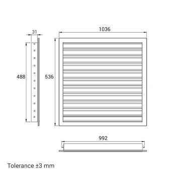 Skizze Lüftungsgitter 1000 x 500 mm weiss Strangprofil incl. Dichtung, Edelstahlschrauben, Dübel, Insektenschutz