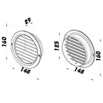 Skizze Lüftungsgitter Braun rund mit Durchmesser Stutzen 125 mm