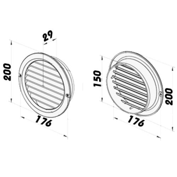 Skizze Lüftungsgitter Kunststoff weiß rund DN 150 mm