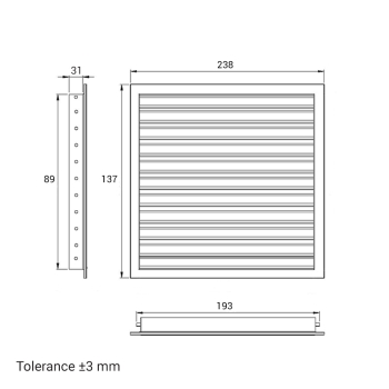 Skizze Lüftungsgitter 200 x 100 mm weiss Strangprofil incl. Dichtung, Edelstahlschrauben, Dübel, Insektenschutz