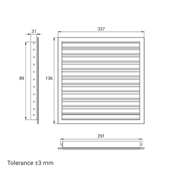 Skizze Lüftungsgitter 300 x 100 mm weiss Strangprofil incl. Dichtung, Edelstahlschrauben, Dübel, Insektenschutz