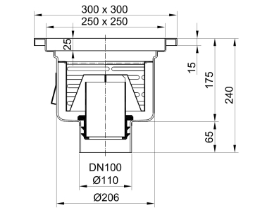 Skizze Bodenablauf Edelstahl 300 x 300mm Ablauf DN 110 senkrecht