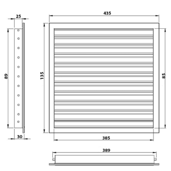 Skizze Lüftungsgitter 400 x 100 mm weiss Strangprofil incl. Dichtung, Edelstahlschrauben, Dübel, Insektenschutz