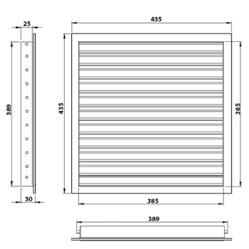 Skizze Lüftungsgitter 400 x 400 mm weiss Strangprofil incl. Dichtung, Edelstahlschrauben, Dübel, Insektenschutz