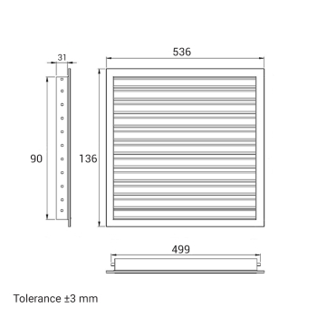 Skizze Lüftungsgitter 500 x 100 mm weiss Strangprofil incl. Dichtung, Edelstahlschrauben, Dübel, Insektenschutz