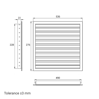 Skizze Lüftungsgitter 500 x 250 mm weiss Strangprofil incl. Dichtung, Edelstahlschrauben, Dübel, Insektenschutz