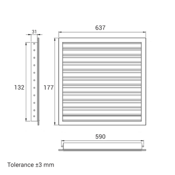 Skizze Lüftungsgitter 600 x 150 mm weiss Strangprofil incl. Dichtung, Edelstahlschrauben, Dübel, Insektenschutz