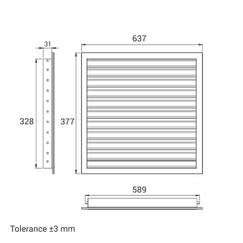 Skizze Lüftungsgitter 600 x 350 mm weiss Strangprofil incl. Dichtung, Edelstahlschrauben, Dübel, Insektenschutz