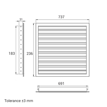 Skizze Lüftungsgitter 700 x 200 mm weiss Strangprofil incl. Dichtung, Edelstahlschrauben, Dübel, Insektenschutz