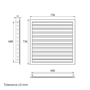 Skizze Lüftungsgitter 700 x 700 mm weiss Strangprofil incl. Dichtung, Edelstahlschrauben, Dübel, Insektenschutz