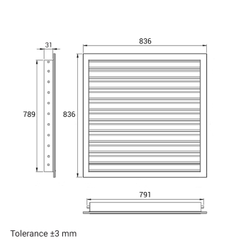 Skizze Lüftungsgitter 800 x 800 mm weiss Strangprofil incl. Dichtung, Edelstahlschrauben, Dübel, Insektenschutz