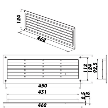 Skizze Türlüfter Kunststoff weiß 430 x 93 mm verschliesbar