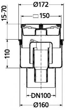 Kellerablauf 15 x 15 cm mit Aufsatzrahmen Abgang senkrecht DN 110, Kunststoffrost