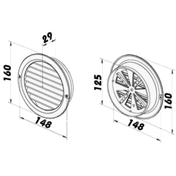 Skizze Lüftungsgitter Kunststoff weiß verstellbar Stutzen DN 125 mm