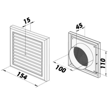 Skizze Lüftungsgitter weiss Kunststoff 154 x 154mm mit Stutzen DN 100