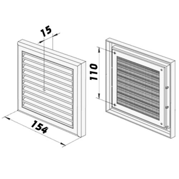 Skizze Lüftungsgitter weiss Kunststoff 154 x 154mm verschließbar