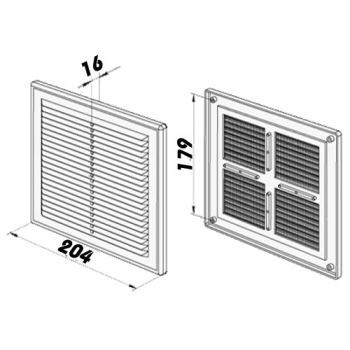 Skizze Lüftungsgitter Kunststoff 204 x 204mm weiss