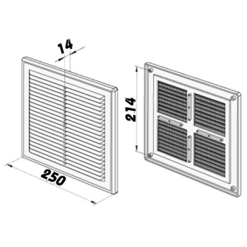 Skizze Lüftungsgitter Kunststoff 250 x 250mm weiss