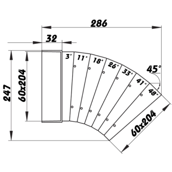 Skizze Flachkanalbogen waagerecht abschneidbar für Flachkanal 206 x 60 mm