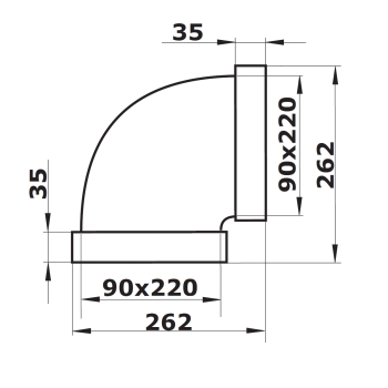 Skizze Flachkanalbogen 90 Grad waagerecht für Flachkanalsystem 220 x 90 mm