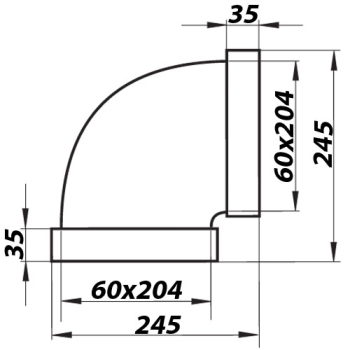 Skizze Flachkanalbogen waagerecht für Flachkanalsystem 206 x 60 mm