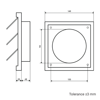 Skizze Jalousieklappe Edelstahl schwarz Stutzen für Rohre DN 100, incl. Schaumgummidichtung, Schrauben/ Dübel (4)