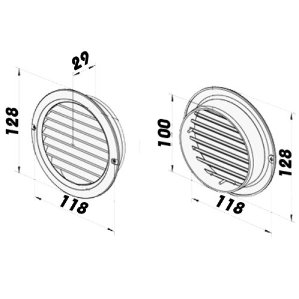 Skizze Lüftungsgitter Braun rund mit Durchmesser Stutzen 100 mm