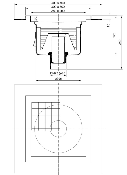 Bodenablauf Edelstahl 300 x 300mm Ablauf DN 75 senkrecht mit Flansch