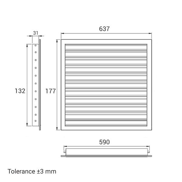 Skizze Lüftungsgitter 600 x 150 mm weiss Strangprofil incl. Dichtung, Edelstahlschrauben, Dübel, Insektenschutz