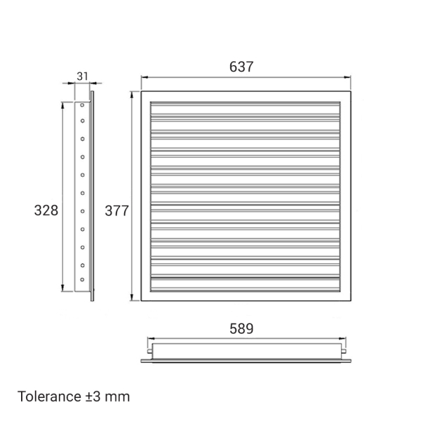 Skizze Lüftungsgitter 600 x 350 mm weiss Strangprofil incl. Dichtung, Edelstahlschrauben, Dübel, Insektenschutz