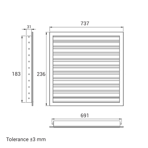 Skizze Lüftungsgitter 700 x 200 mm weiss Strangprofil incl. Dichtung, Edelstahlschrauben, Dübel, Insektenschutz