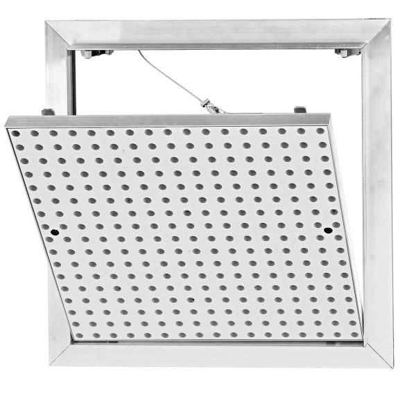 Revisionsklappe AluAkustik 400 x 400mm mit 12,5mm GKB-Einlage 8/18er Lochung rund, Vlies schwarz, Deckeneinbau