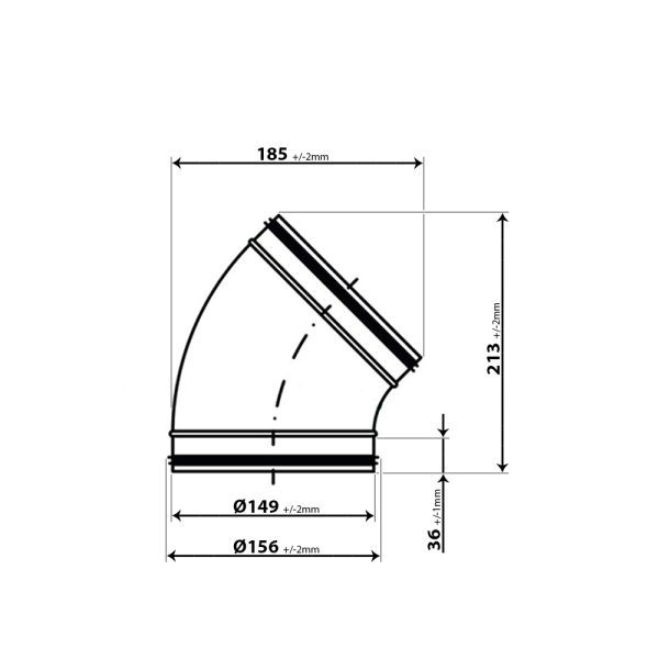 Skizze Wickelfalzrohrbogen 45 Grad Durchmesser 150 mm