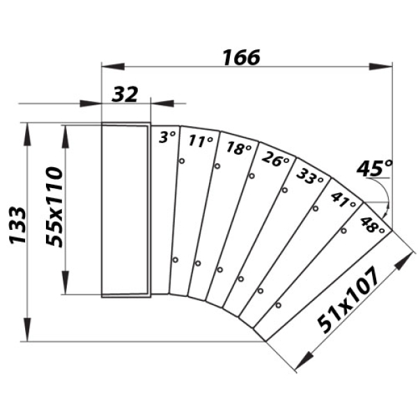 Skizze Flachkanalbogen abschneidbar waagerecht System 110x55