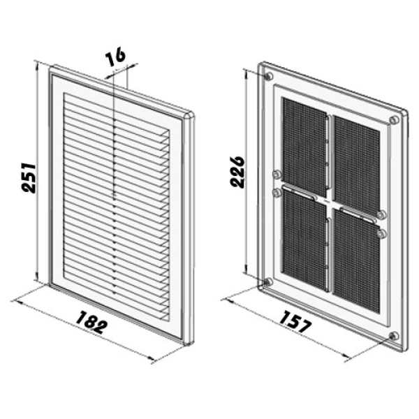 Skizze Lüftungsgitter Kunststoff 182 x 251mm weiss