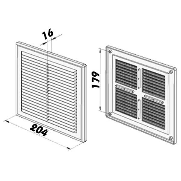 Skizze Lüftungsgitter Kunststoff 204 x 204mm weiss