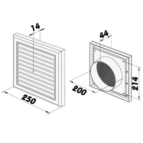 Skizze Lüftungsgitter weiss Kunststoff 250 x 250mm mit Stutzen DN 200