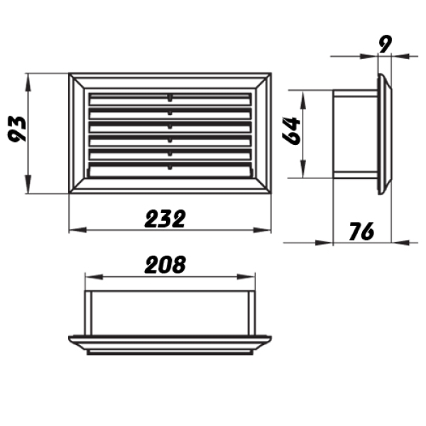 Skizze Aussengitter Kunststoff weiss für Flachkanal 206 x 60 mm