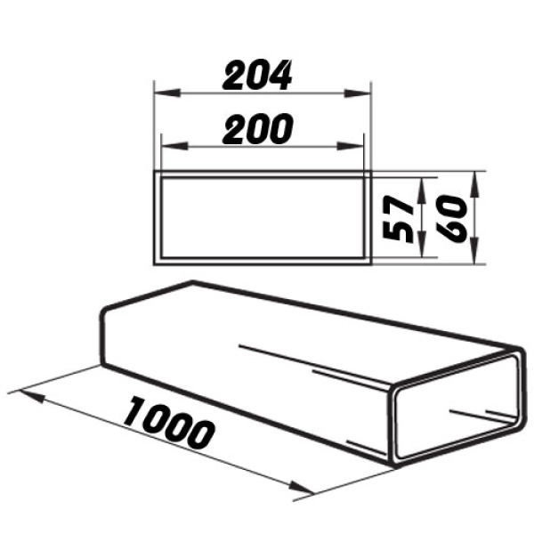 Skizze Flachkanal 206 x 60 mm ohne Muffe 1 Meter Länge