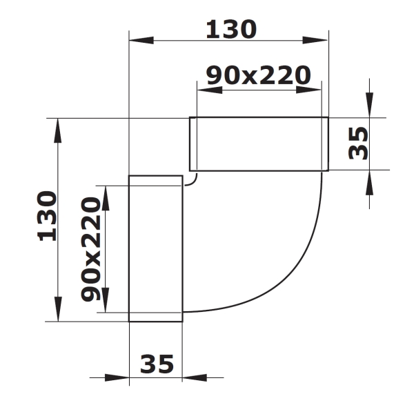 Skizze Flachkanalbogen 90 Grad senkrecht für Flachkanalsystem 220 x 90 mm