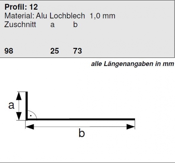 Aluminium Lochblechprofil 25/73mm, Länge 1 Meter, HG 12