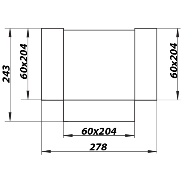 Skizze T- Stück Waagerecht für Flachkanal 206 x 60 mm