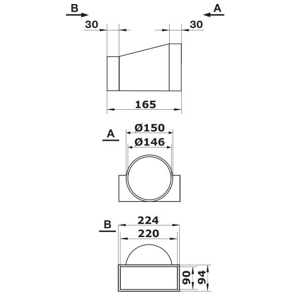 Skizze Übergangsstück von Flachkanal 220 x 90 mm auf Rundrohrsystem 150