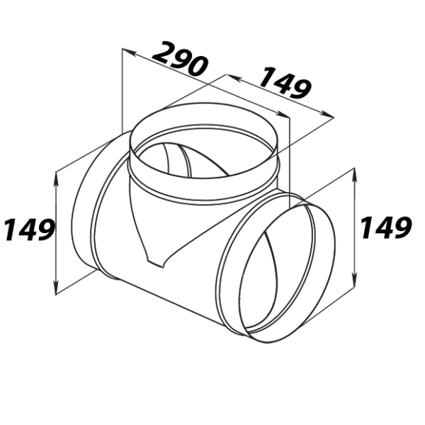 Skizze Wickelfalzrohr T-Stück Durchmesser 150-150-150 mm